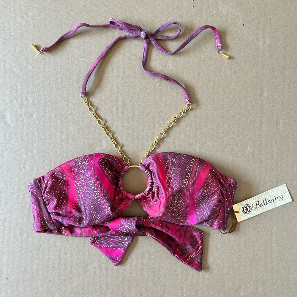 Bellissima Halter Bikini Bra Top Medium O Ring Medallion Pink Festival Beachwear